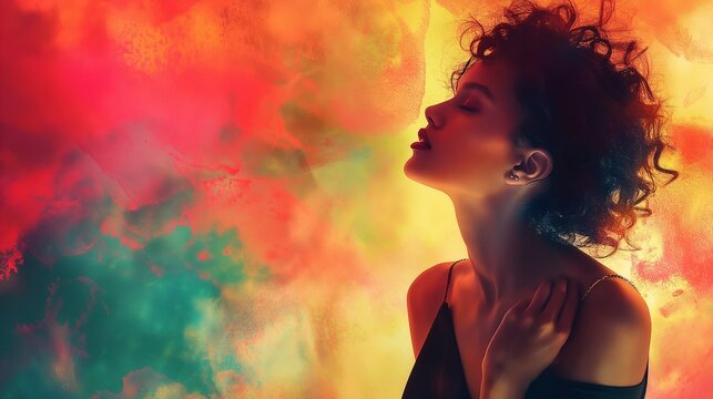 A striking image of a girl model in an elegant pose, set against a vibrant, abstract background reminiscent of watercolor art.