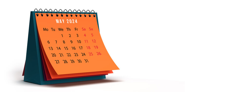 May 2024 orange coloured monthly spiral desk calendar. 3D rendered horizontal page on white background, copy space. Set of 12 month layouts. Week starts with Monday. Weekends in red.