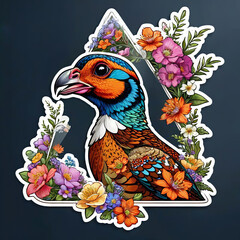 Close-Up Portrait of Pheasant with Floral Sticker on White Background Gen AI