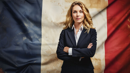Confident young woman in a business suit poses against the French flag backdrop.