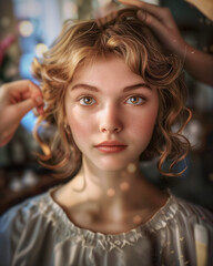 Fototapeta premium A captivating woman is being styled in a beauty salon, her hair combed by a professional, exuding elegance and care.