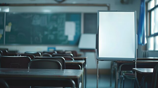 Blank white frame in classroom full of desks.