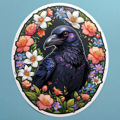 Fototapeta premium Close-Up Raven and Floral Sticker on Dark Background Gen AI