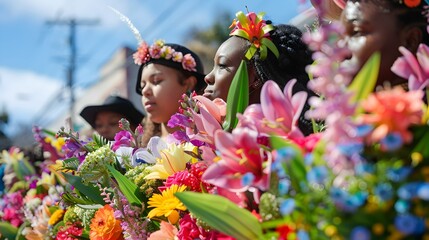 Floral parade celebrating spring, floats adorned with fresh flowers, marching bands, and community cheer