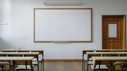 Blank white frame in classroom full of desks.