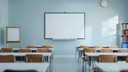 Blank white frame in classroom full of desks.