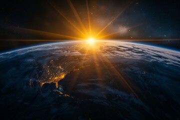 Inspiring view of sunrise as seen from Earth's orbit in space. This image captures the breathtaking spectacle of the sun's golden rays illuminating the curvature of our planet. - obrazy, fototapety, plakaty