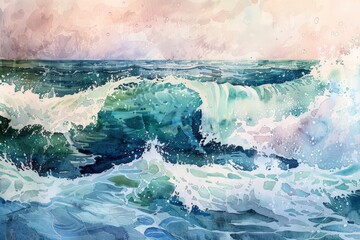 Obraz premium A realistic painting depicting a large wave in the vast ocean, capturing the dynamic movement and power of the water as it crashes and swirls.