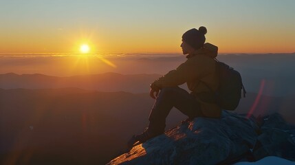 Solo hiker at the peak, overlooking a breathtaking sunrise