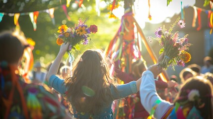 Children joyfully reach out to a maypole adorned with fresh, colorful spring flowers and ribbons against a backdrop of blossoming trees.
