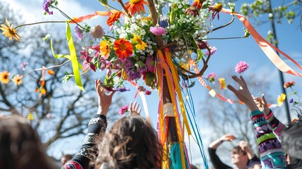 Children joyfully reach out to a maypole adorned with fresh, colorful spring flowers and ribbons against a backdrop of blossoming trees.