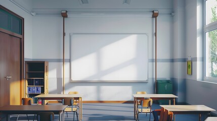 Blank white frame in classroom full of desks.