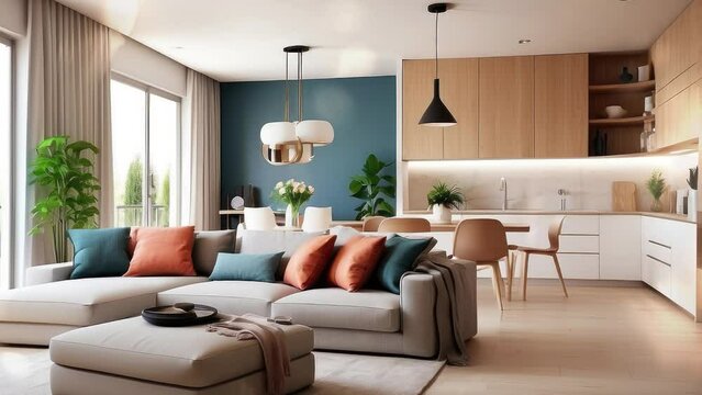 3D rendering. Interior design of a pleasant studio apartment, modern living room and kitchen