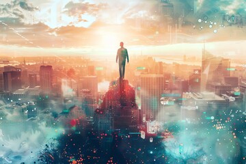 Visionary entrepreneur visualizing success with mixed media imagery Depicting a climb from startup to global enterprise - obrazy, fototapety, plakaty
