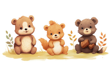 Adorable baby wild animals, such as baby bears, play in the forest, emphasizing the cuteness, cuteness, and innocence of various animals. Isolated on a transparent background.