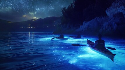 A surreal scene as friends kayak through a bioluminescent bay, creating a magical display of glowing water around them. - obrazy, fototapety, plakaty