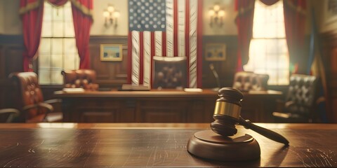 American courtroom with United States flag judges gavel and justice symbol. Concept Law & Order, Courtroom Drama, Legal Systems, Justice Symbols, American Judiciary - obrazy, fototapety, plakaty