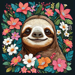 Fototapeta premium Close-Up Sloth with Floral Sticker on White Background Gen AI