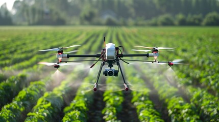 High-tech agricultural drones flying over a vast farm field, demonstrating advanced spraying capabilities for efficient weed and pest control, showcasing the concept of smart farming automation. - obrazy, fototapety, plakaty