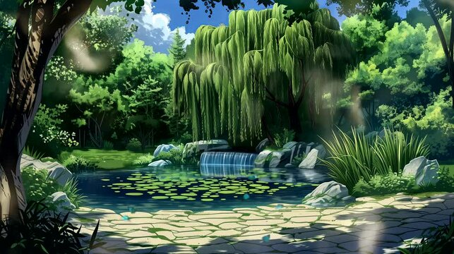 Magical garden pool and the weeping willows tree. Fantasy landscape anime or cartoon style, looping 4k video animation background