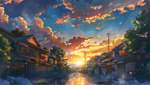 Anime street view with the setting sun casting a golden hue, capturing the essence of quiet beauty. Seamless Looping 4k Video Animation