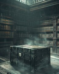 Enigmatic Locked Box, Dusty old library filled with ancient tomes and hidden scrolls, Stormy weather outside, 3D Render, Backlights, Dramatic lighting