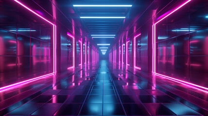 Futuristic corridor with neon lights.


