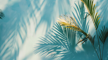 Fototapeta na wymiar Palm shadows on a light blue wall.