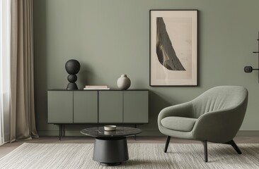 A sage green wall in the background, with an olive sideboard and armchair, minimalist furniture style
