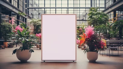 Fotobehang An advertisement mock-up depicts a blank display set amidst a vibrant shopping mall with plants. © XXXX