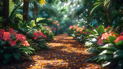 A  path surrounded by a beautiful variety of plants and flowers. Perfect for garden design inspiration - obrazy, fototapety, plakaty