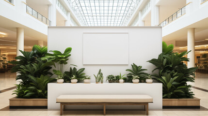 An advertisement mock-up depicts a blank display set amidst a vibrant shopping mall with tropical plants.