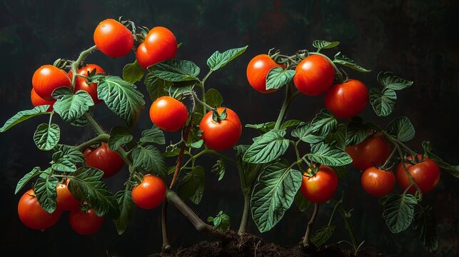photo illustrating tomatoes growing on a dark background