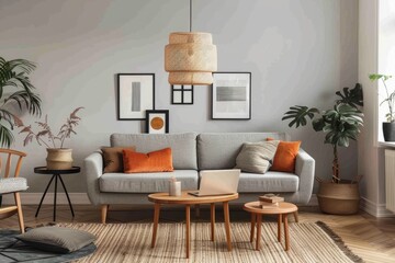 Living room with light grey walls, wooden furniture and orange accents