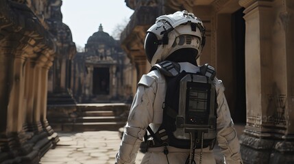 Astronaut in Smart Suit Exploring Ancient Historical Site with Augmented Reality