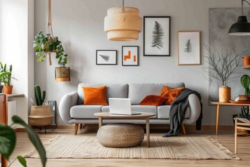 Living room with light grey walls, wooden furniture and orange accents