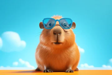 Foto op Plexiglas Cute capybara 3D character wearing blue glasses against the sky with clouds © JulMay