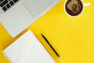 Cup Coffee Notepad Laptop Yellow Background Flat Lay