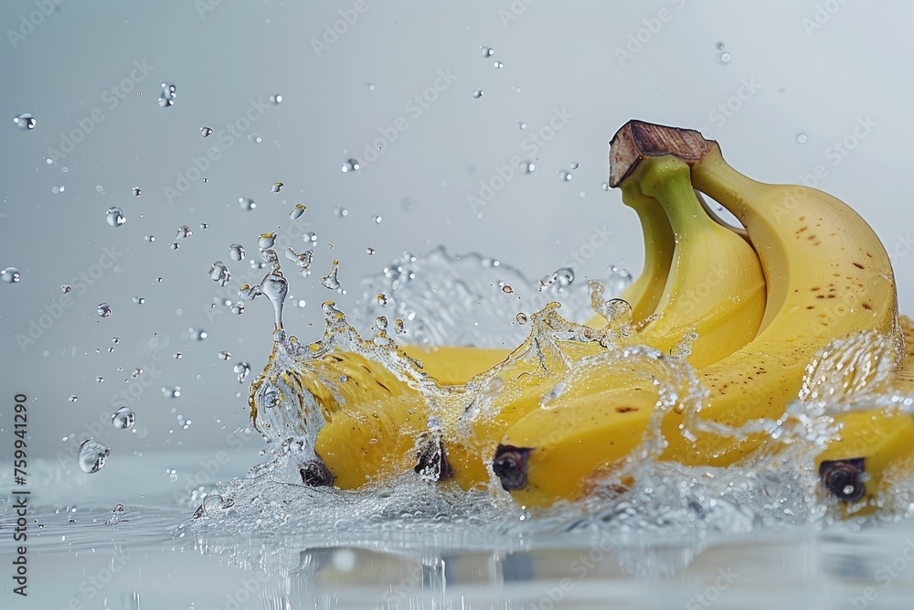 Wall mural Bunch of bananas falling into water with splashes and bokeh background