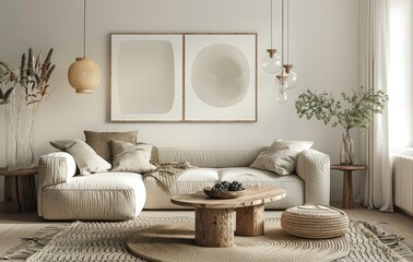 The living room has a neutral tone, equipped with a large cream sofa and wooden side tables