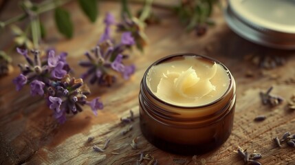 Obraz na płótnie Canvas A balm body cream with a mild fragrance and healing properties. Balm cream with a comforting and therapeutic aroma that soothes the body and mind.