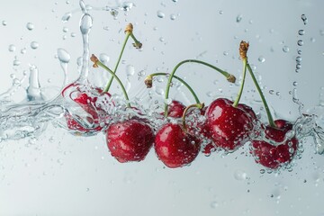 Cherries with water splashes and drops on a white background