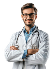Fototapeta premium Portrait of handsome doctor in a white coat with a stethoscope, happy and smiling man in a medical coat, PNG file of isolated cutout object with on transparent background.