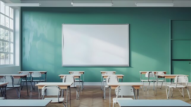 Blank white frame in classroom full of desks.