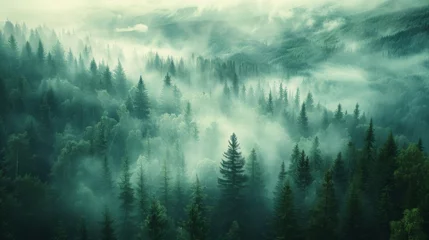 Velvet curtains Forest in fog Misty dark green forest