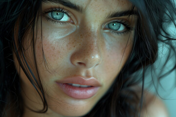 The face of a beautiful dark-haired green-eyed girl close-up - obrazy, fototapety, plakaty