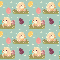 Easter background with bunny and eggs. Seamless pattern for the spring holiday. For deoration, invitation, packaging, fabric printing. - 759942838