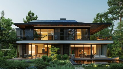 Modern villa not naturally hung with solar panels