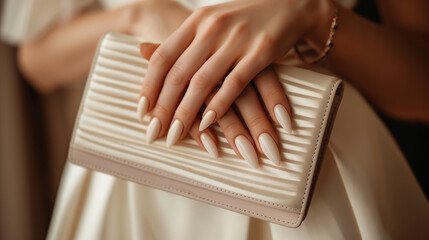 Well-groomed female hands with expensive elegant manicure holding a purse, clutch in close-up. Monochrome. Fashion. Pearl color. 