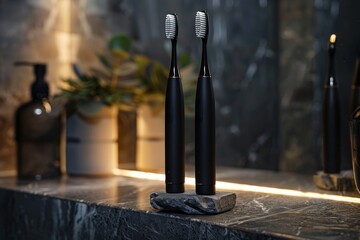 Two black toothbrushes rest on a bathroom counter.